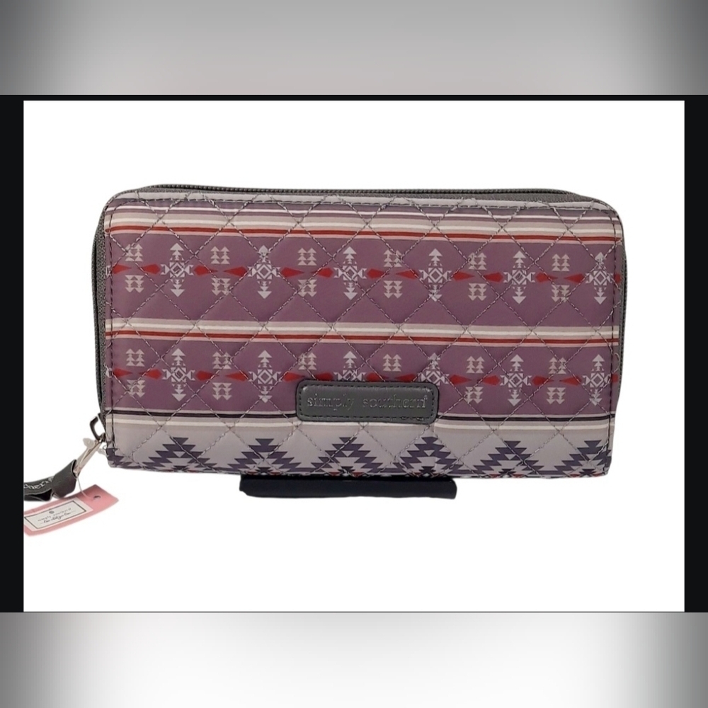 Simply Southern Phone Wallet w/ Wrist Strap Zipper Gray Purple Aztec Wristlet